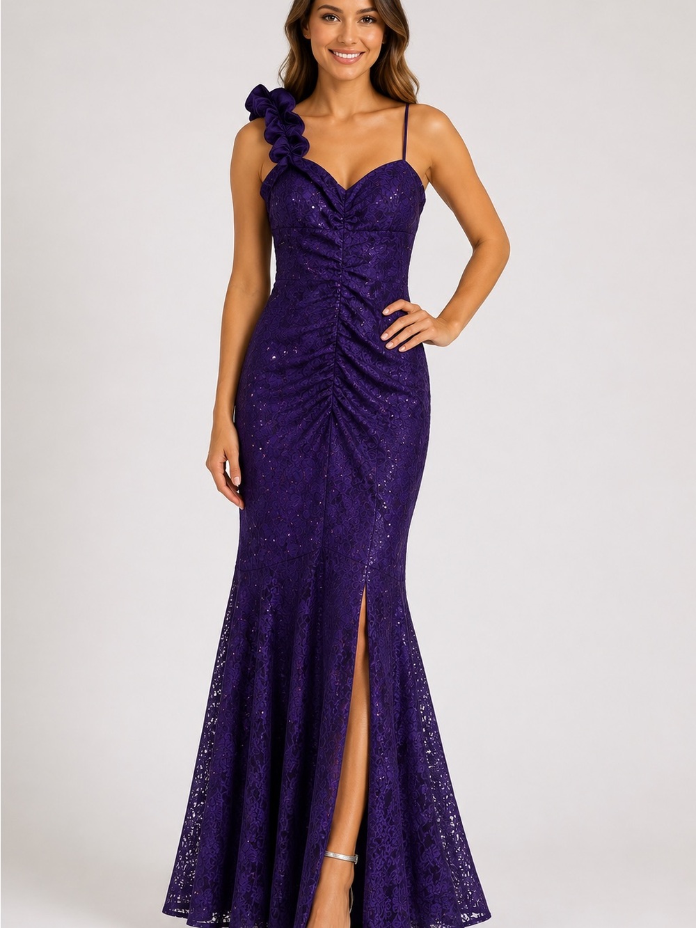 Reign On Purple Lace Sequin One Shoulder Ruched Mermaid Formal Dress 11/12